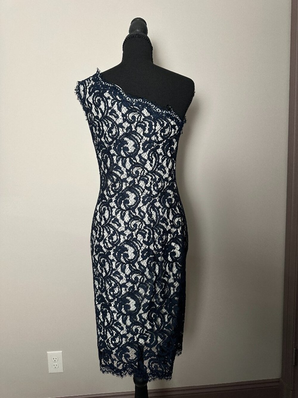 Tadashi Shoji Navy One Shoulder Eyelash Lace Sheath Dress Size 2 Cocktail